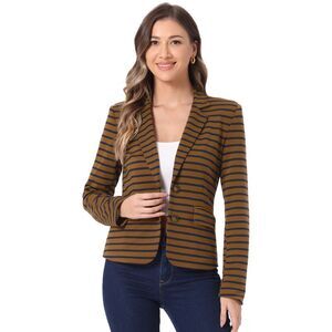 Notched Lapel Pocket Button Closure Striped Blazer Navy Brown